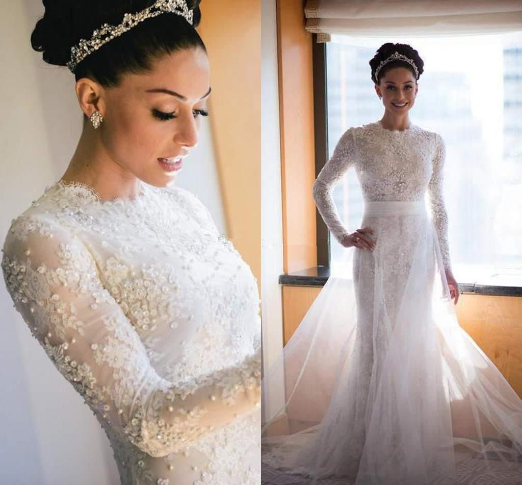Latest High Collar Long Sleeve Wedding Dress with Beadings Lace Sweep Train  Bridal Gown