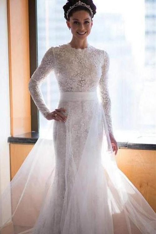 Latest High Collar Long Sleeve Wedding Dress with Beadings Lace Sweep Train  Bridal Gown