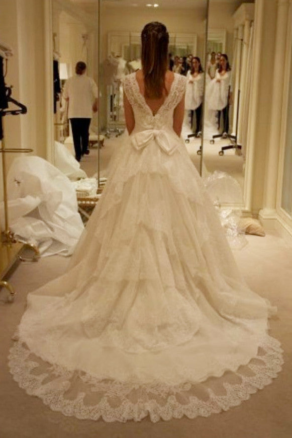 Latest Lace Ball Gown Princess Dress Bowknot Tiered Court Train  Bridal Gown