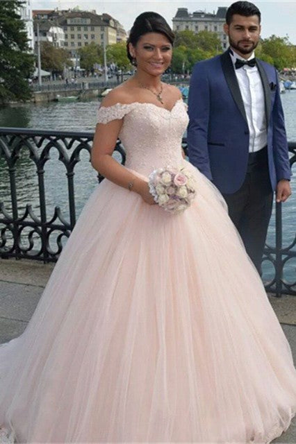 Latest Off Shoulder Ball Gown Princess Dress Tulle Lace Applique  Wedding Dress