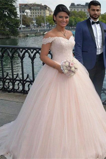 Latest Off Shoulder Ball Gown Princess Dress Tulle Lace Applique  Wedding Dress