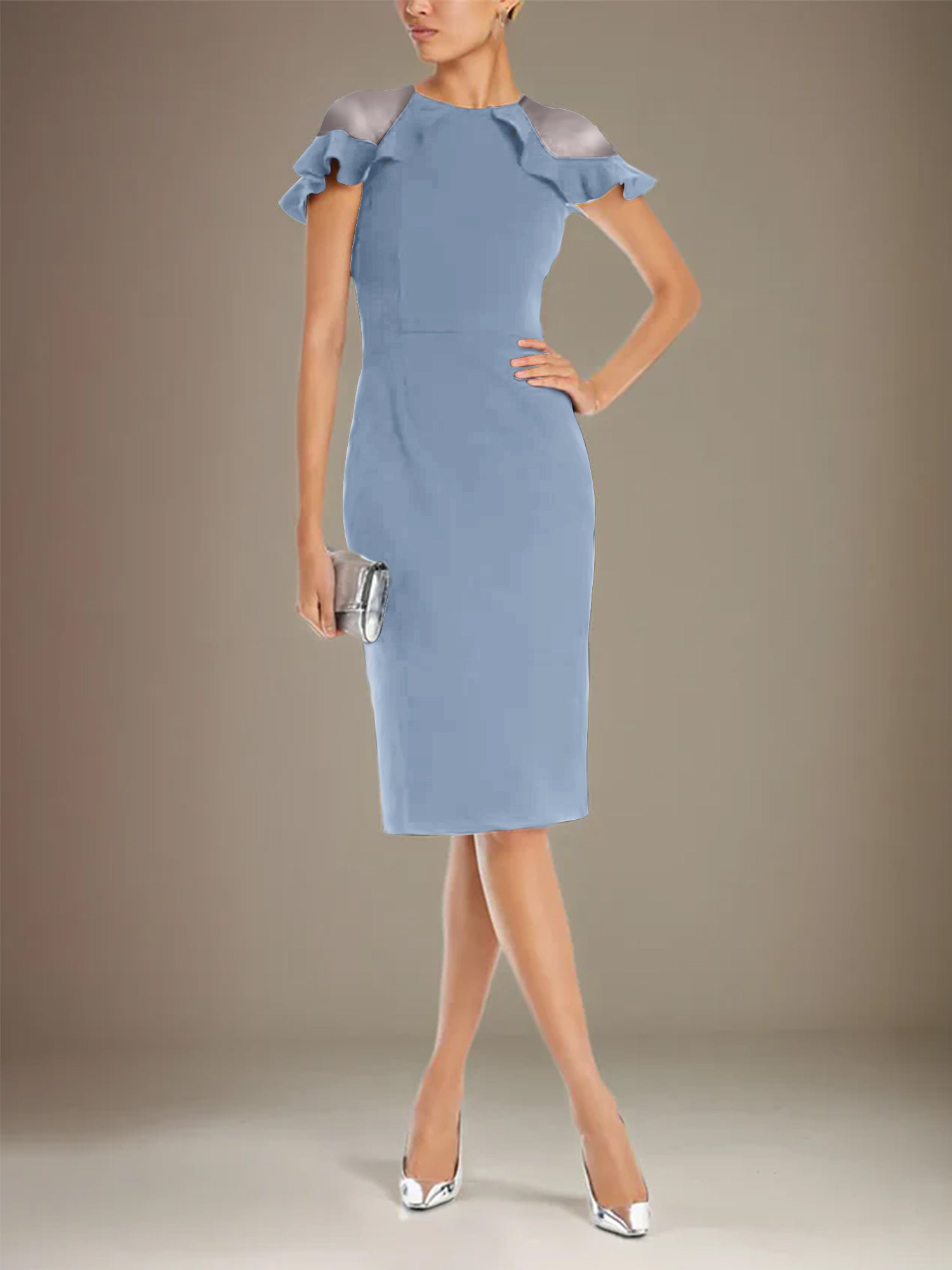 Sheath/Column Stretch Crepe Scoop Short Sleeves Knee Length Dress