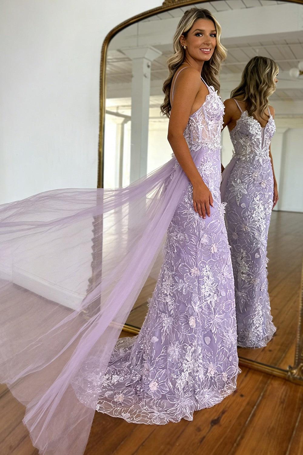 Suzhoufashion Lavender Floral Embroidered Mermaid Prom Dress With Sheer Bodice & Train Formal Evening Gown
