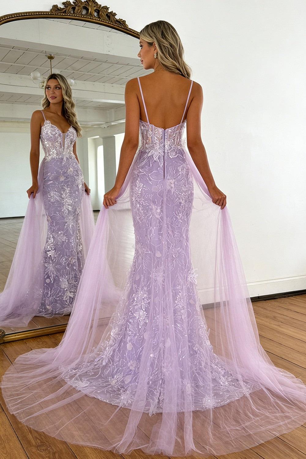 Suzhoufashion Lavender Floral Embroidered Mermaid Prom Dress With Sheer Bodice & Train Formal Evening Gown