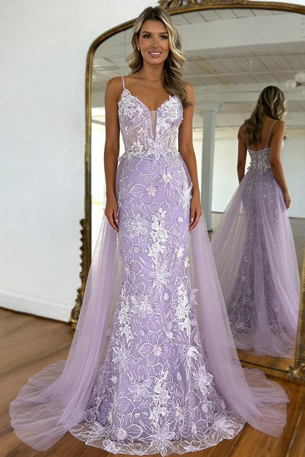 Suzhoufashion Lavender Floral Embroidered Mermaid Prom Dress With Sheer Bodice & Train Formal Evening Gown