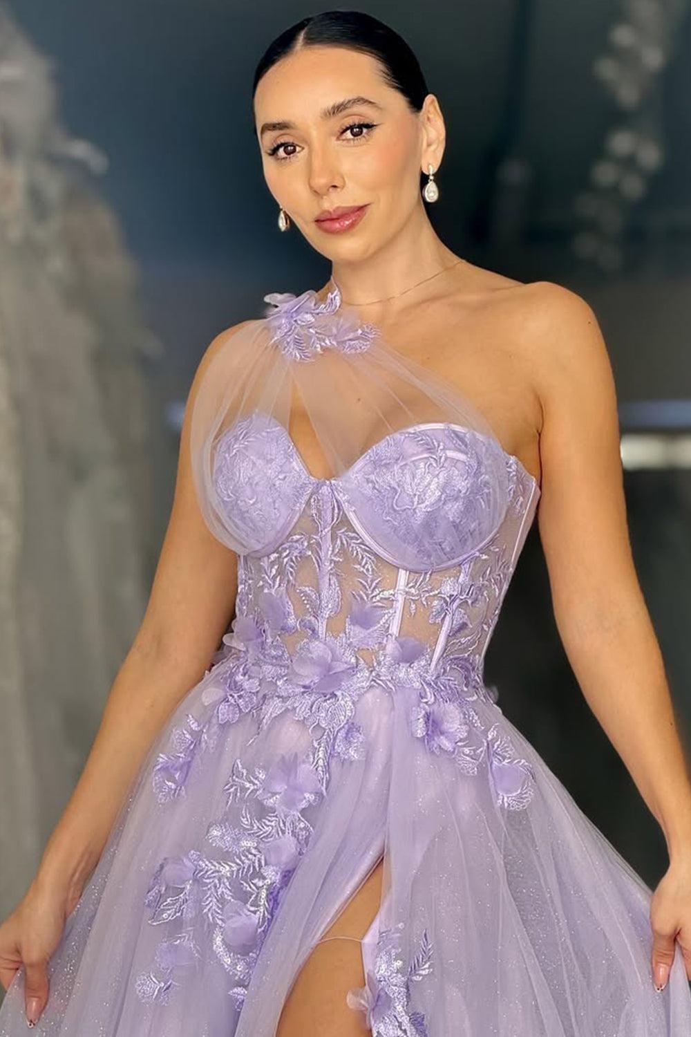 Suzhoufashion Lavender One-Shoulder Floral Appliques Tulle Prom Gown With High Slit Formal Evening Gown
