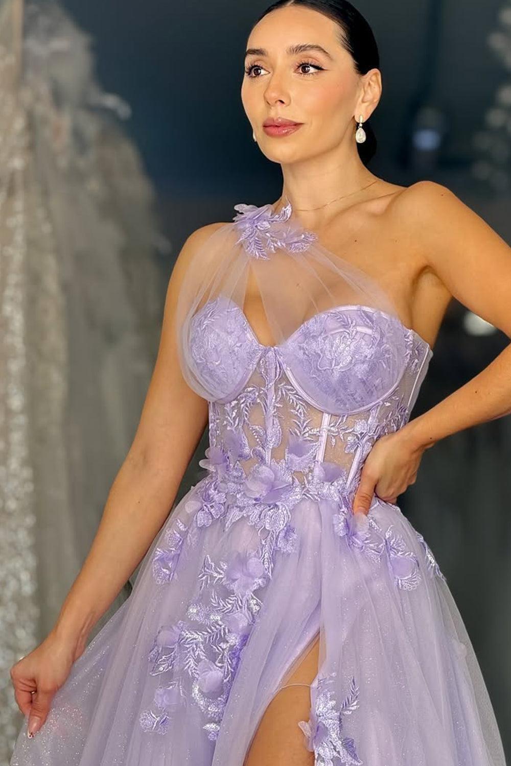 Suzhoufashion Lavender One-Shoulder Floral Appliques Tulle Prom Gown With High Slit Formal Evening Gown