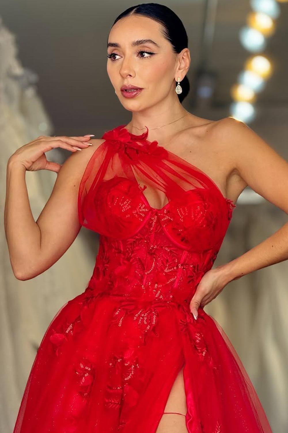 Suzhoufashion Lavender One-Shoulder Floral Appliques Tulle Prom Gown With High Slit Formal Evening Gown