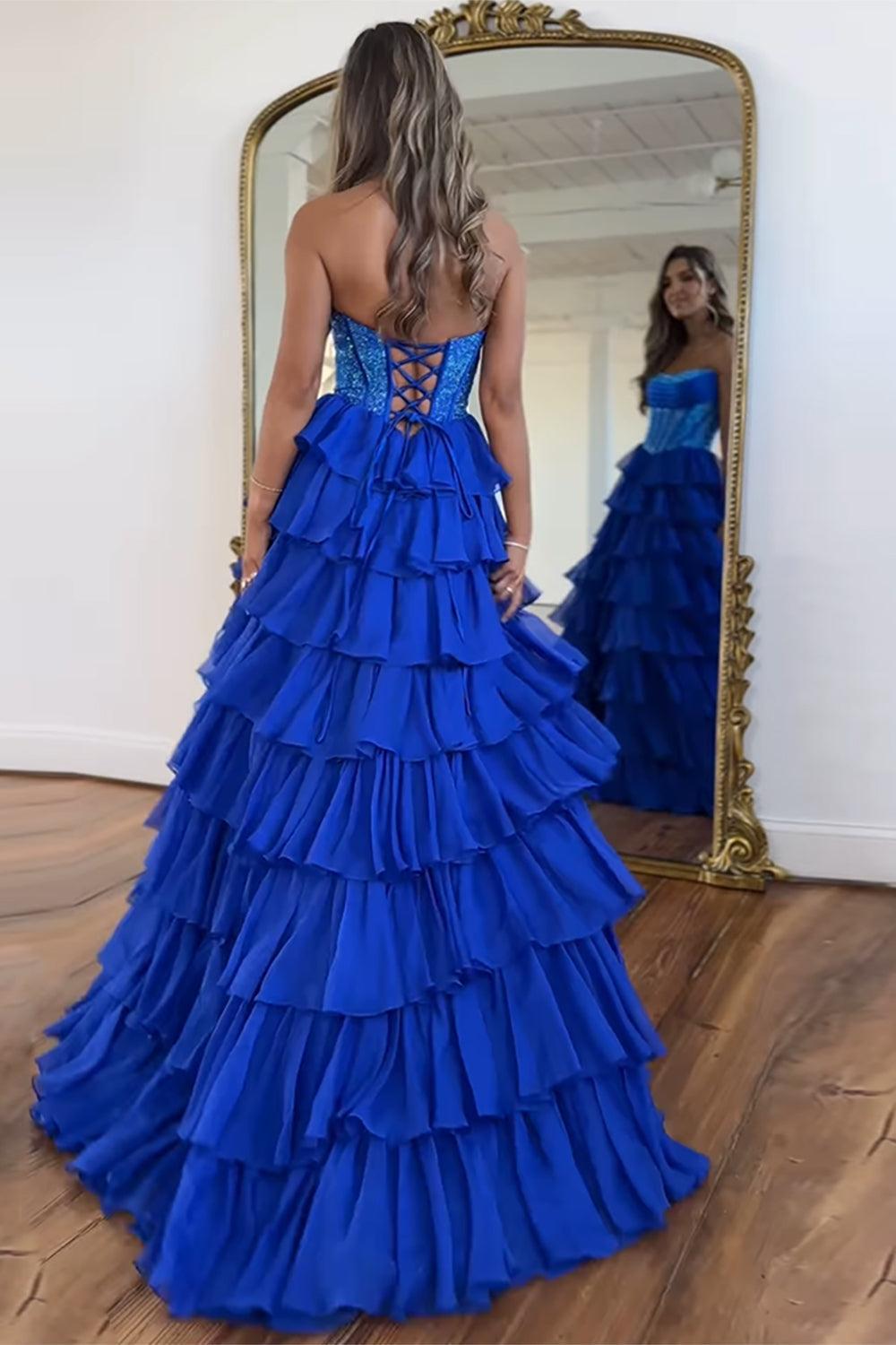 Yellow Prom Dress A Line Strapless Corset Long Chiffon Formal Dress With Slit