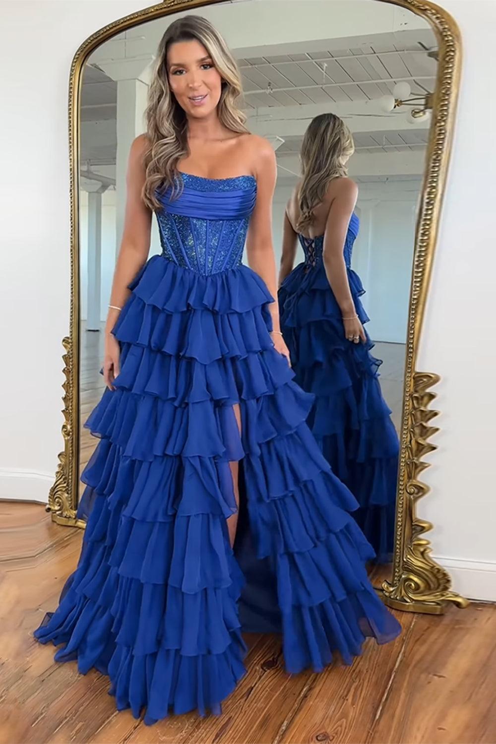 Yellow Prom Dress A Line Strapless Corset Long Chiffon Formal Dress With Slit