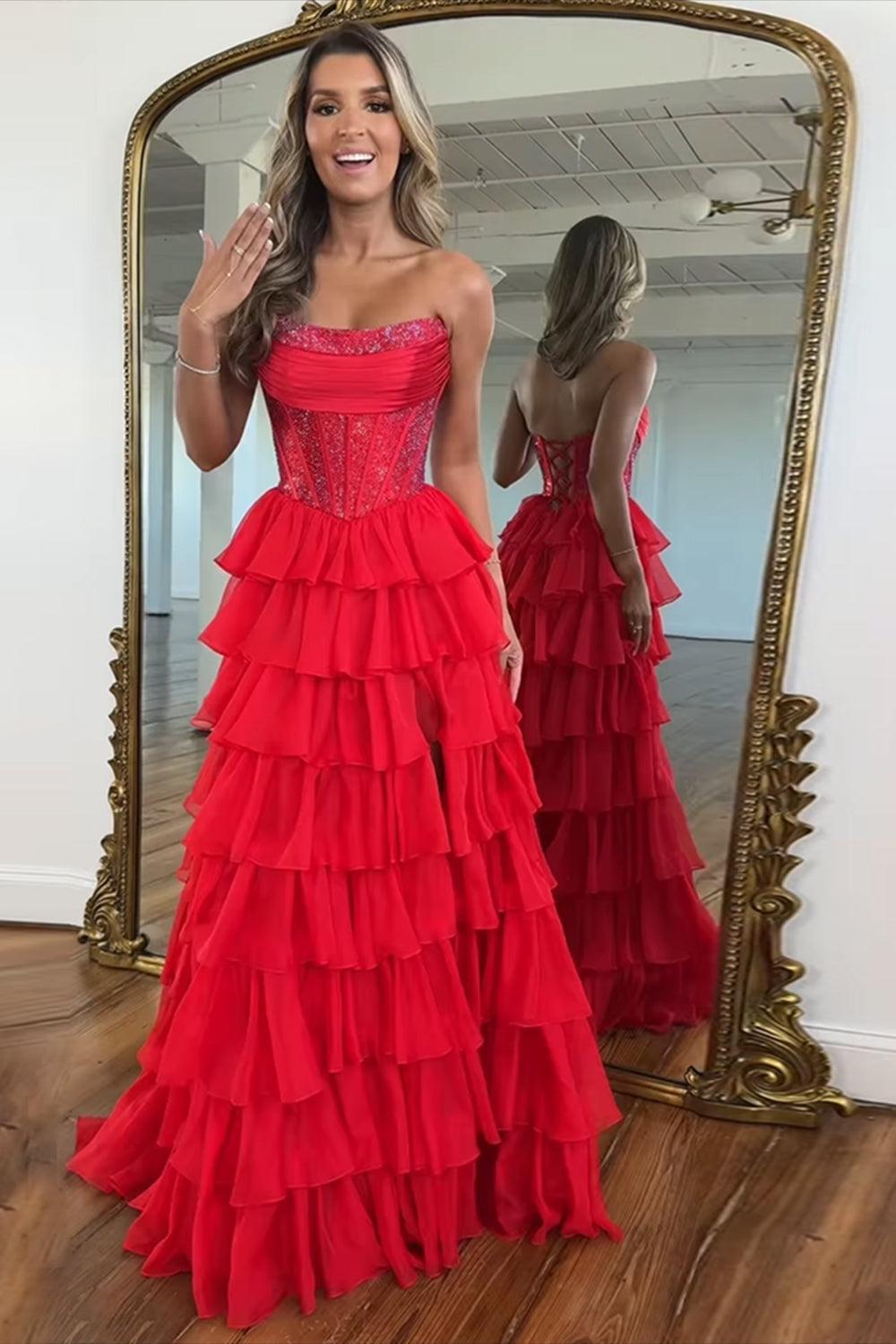 Yellow Prom Dress A Line Strapless Corset Long Chiffon Formal Dress With Slit