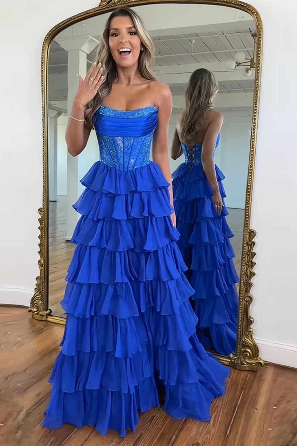 Yellow Prom Dress A Line Strapless Corset Long Chiffon Formal Dress With Slit