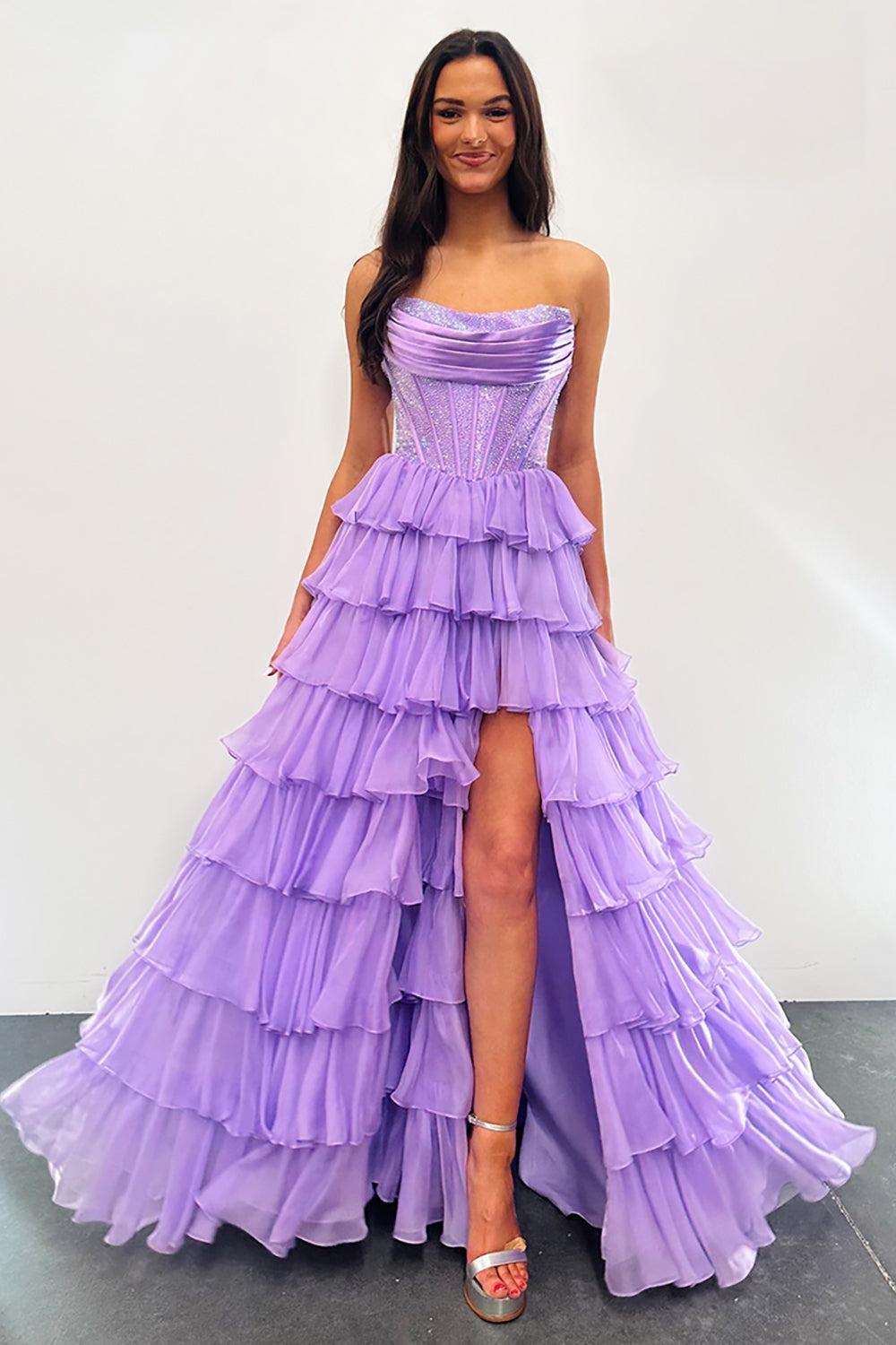 Yellow Prom Dress A Line Strapless Corset Long Chiffon Formal Dress With Slit