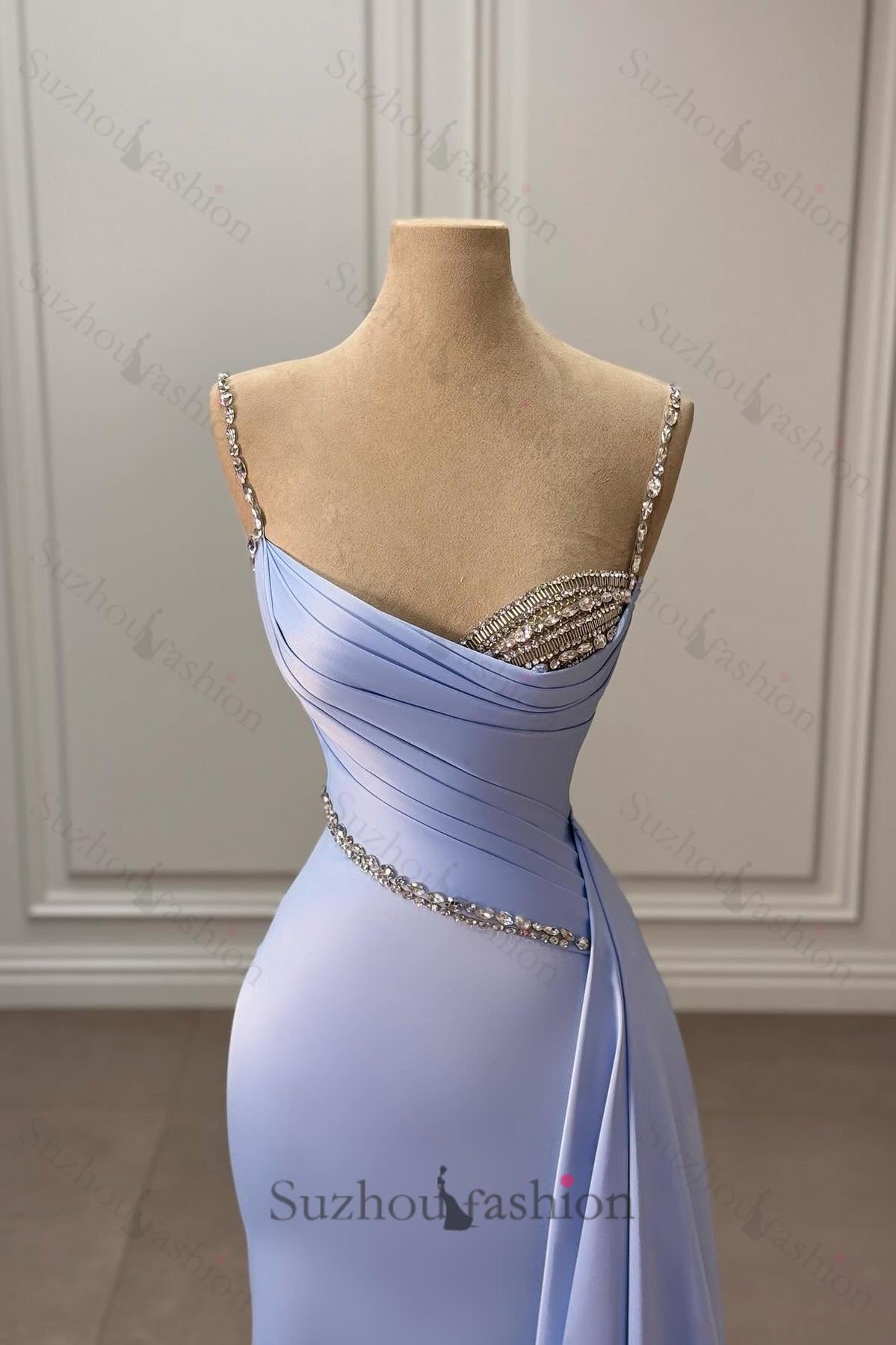 Lavender Prom Dress Mermaid Spaghetti Strap Panel Train Satin Formal Dress