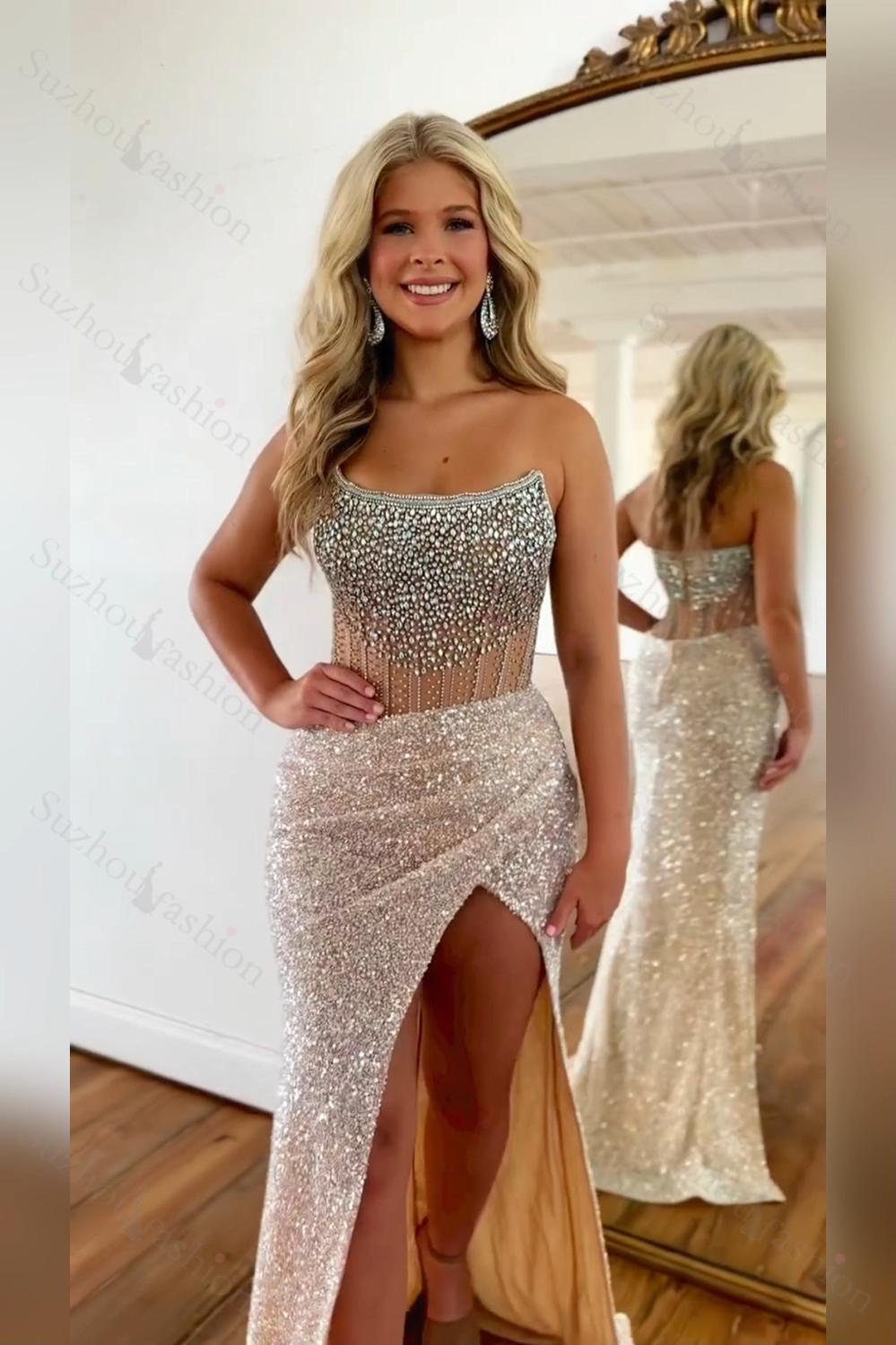 Lavender Prom Dress Mermaid Strapless Long Formal Dress With Slit