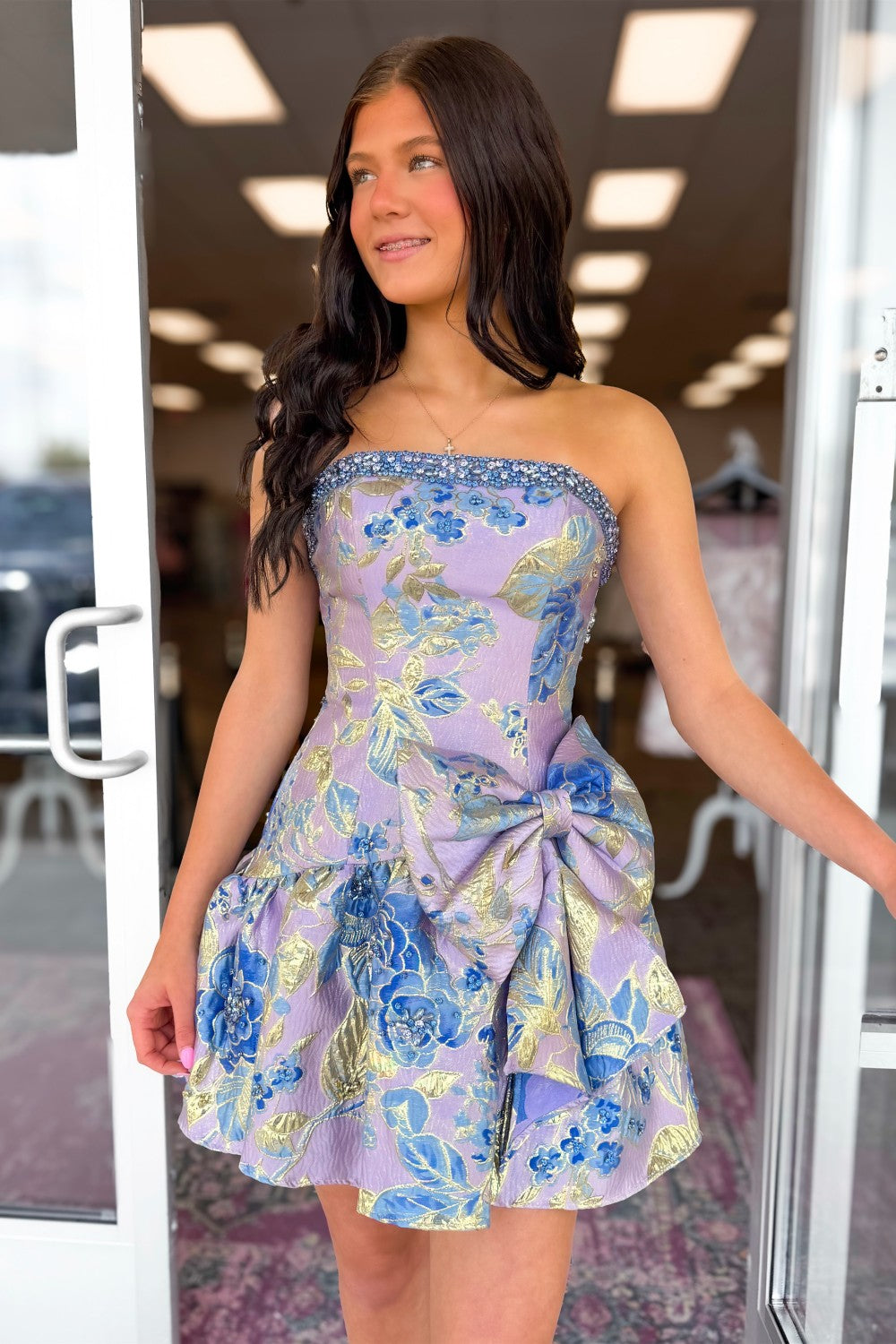 Lavender Blue Floral Brocade Strapless Homecoming Dress with Bow Detail