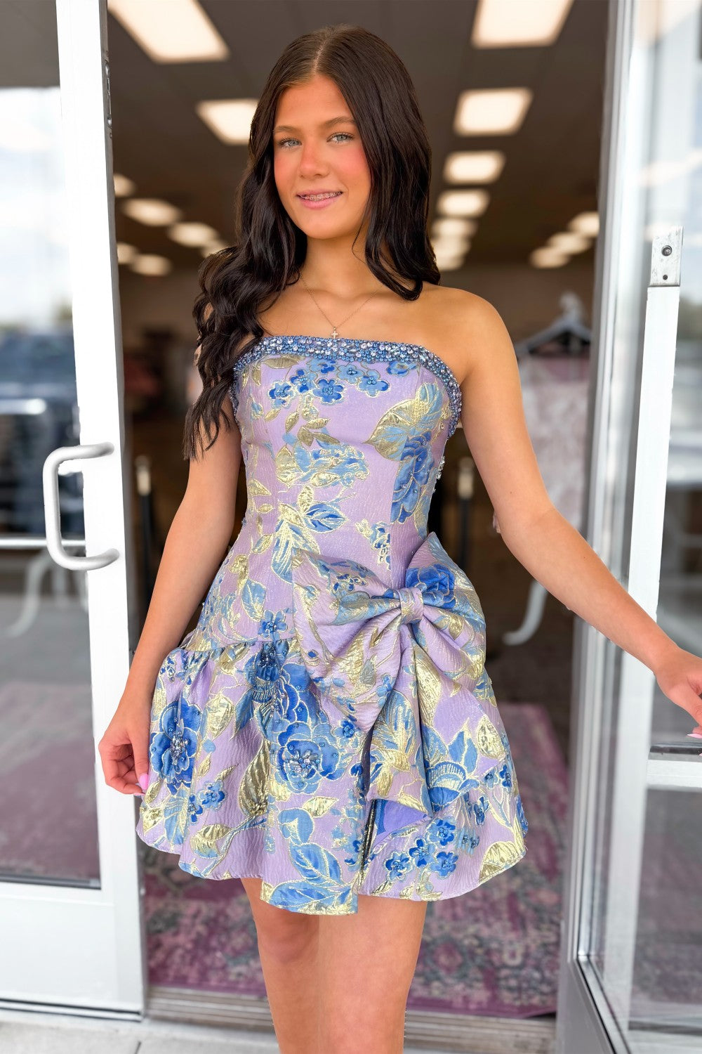 Lavender Blue Floral Brocade Strapless Homecoming Dress with Bow Detail