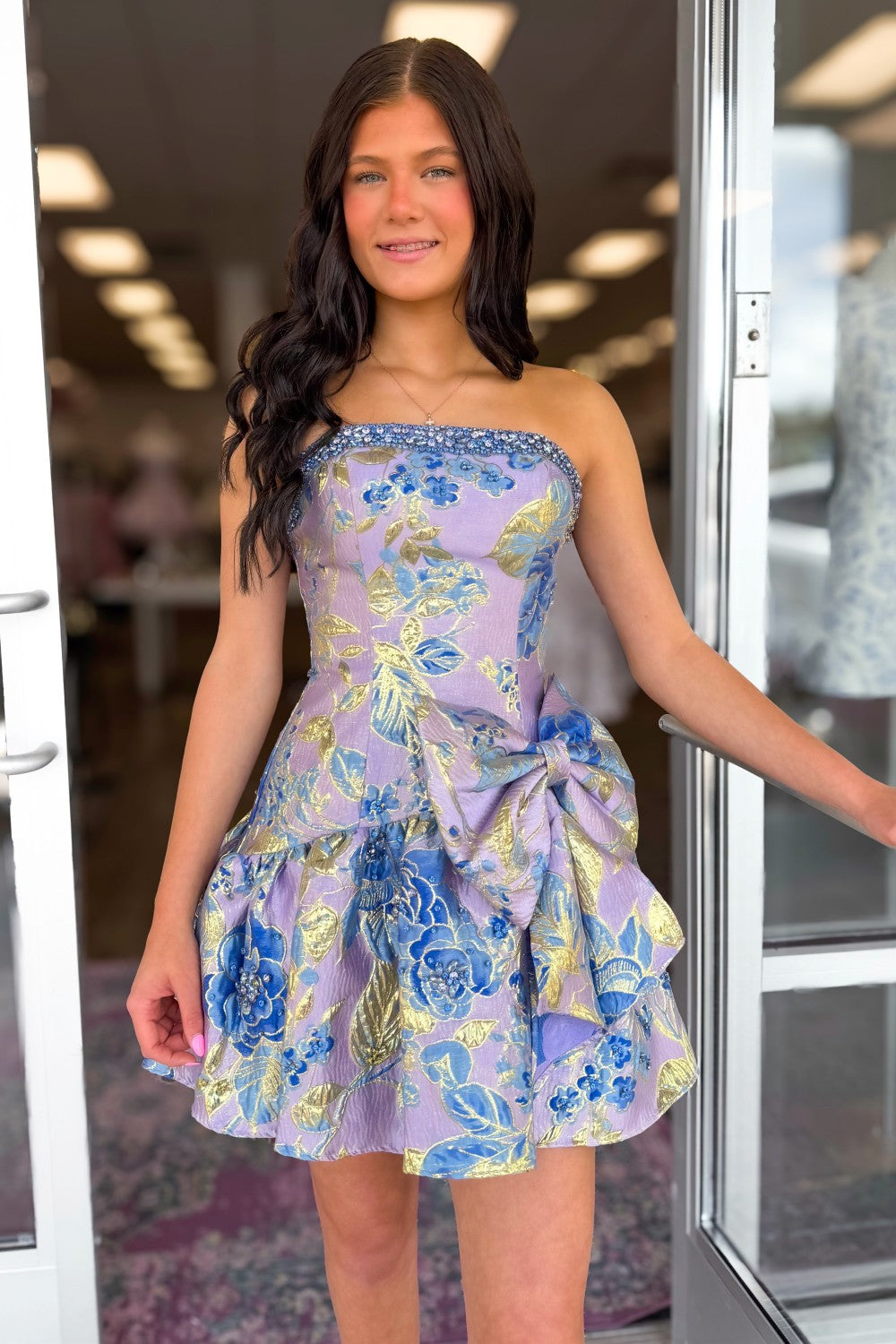 Lavender Blue Floral Brocade Strapless Homecoming Dress with Bow Detail