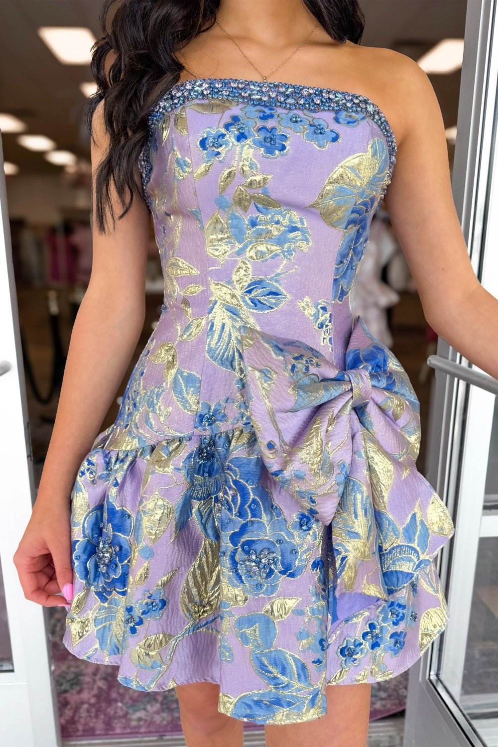 Lavender Blue Floral Brocade Strapless Homecoming Dress with Bow Detail