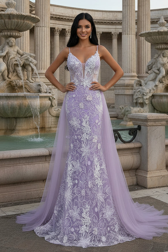 Lavender Floral Embroidered Mermaid Prom Dress with Sheer Bodice & Train - VelvetHem