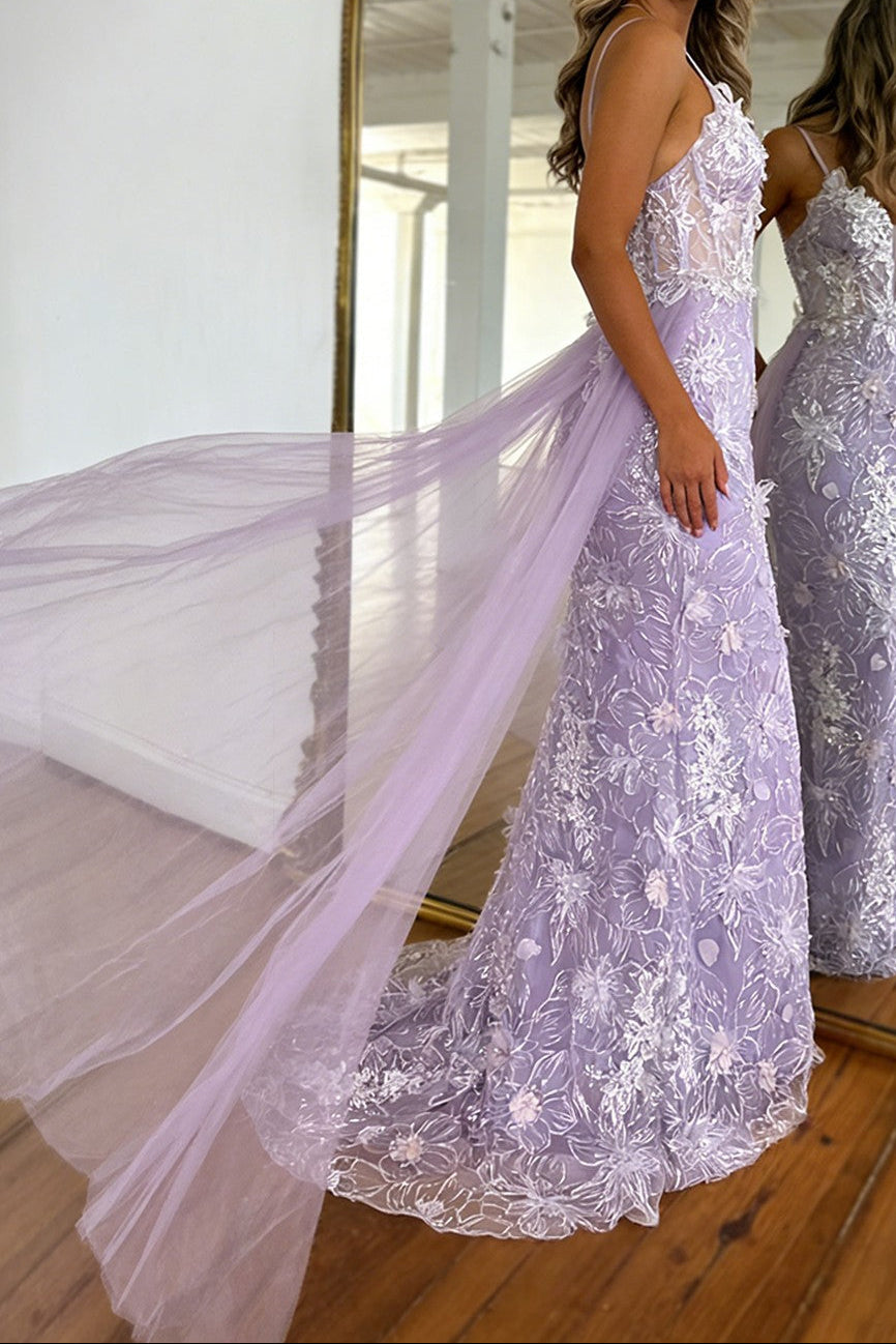 Lavender Floral Embroidered Mermaid Prom Dress with Sheer Bodice & Train - View 2 | VelvetHem