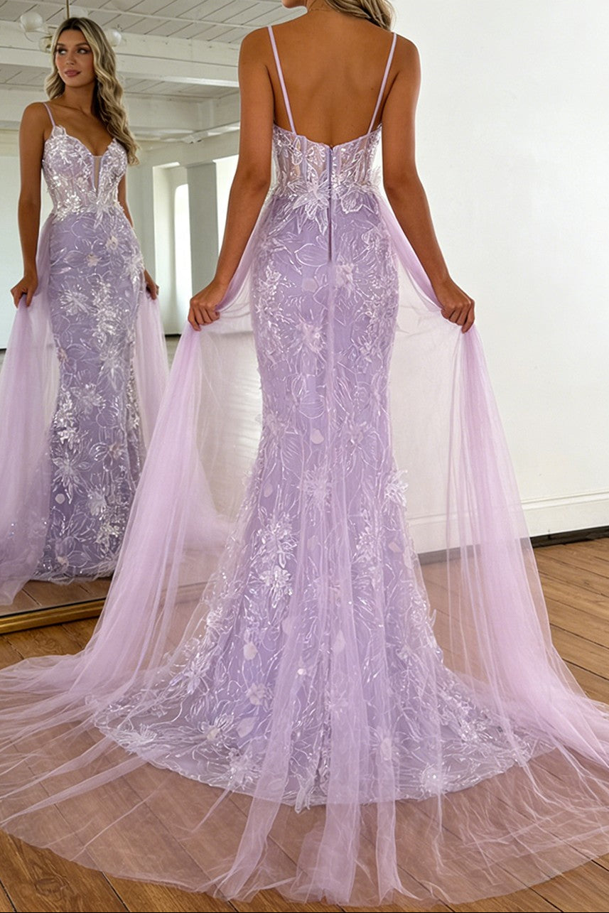 Lavender Floral Embroidered Mermaid Prom Dress with Sheer Bodice & Train - View 3 | VelvetHem