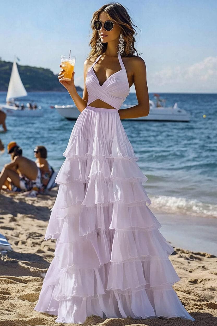 Halter Tiered White 2 Piece Ruffled Formal Dress