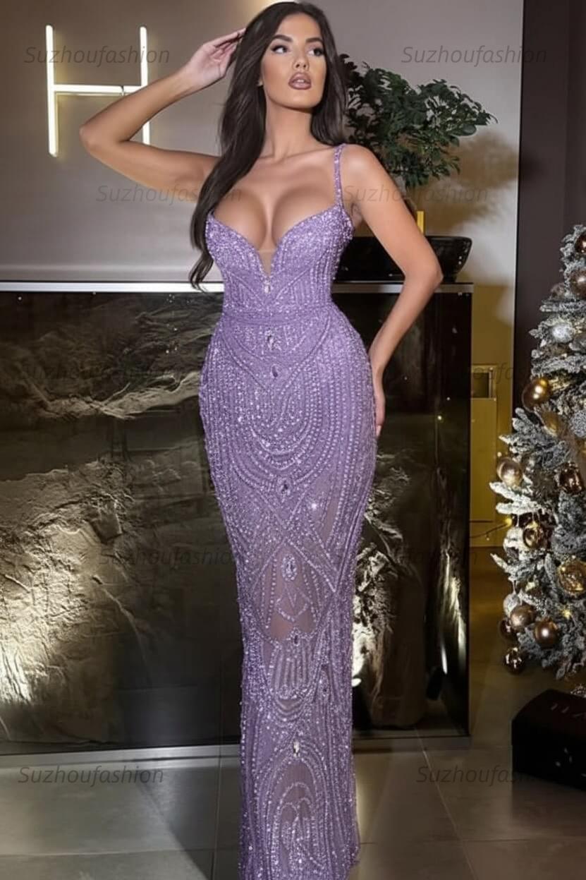 Spaghetti Strap Sleeveless Long Mermaid Evening Formal Dress With Beading