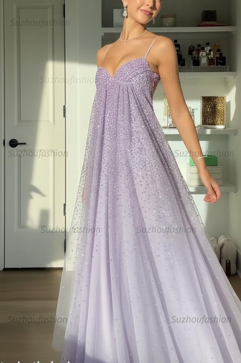 Suzhoufashion Bling A Line Spaghetti Straps Grey Blue Long Party Dress With Beading Formal Evening Gown