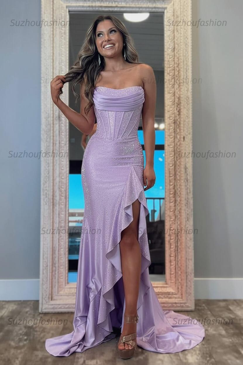 Hot Pink Beaded Prom Dress Corset Ruffled Strapless Formal Dress With Slit