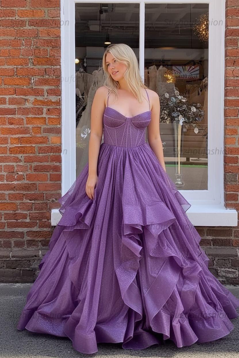 Dark Green A Line Long Corset Prom Dress With Ruffles