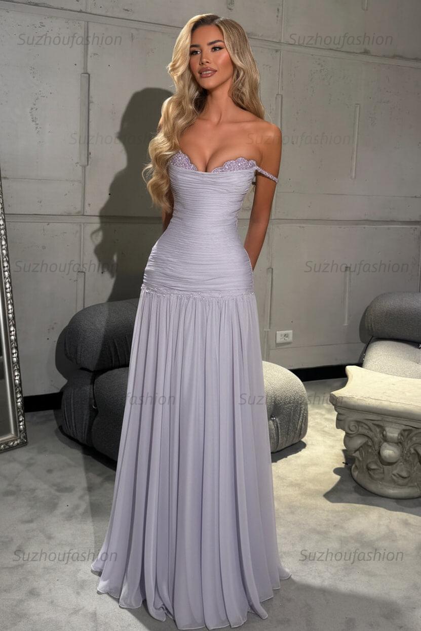 Off The Shoulder Prom Dress Sleeveless Pleated A Line Formal Evening Gown