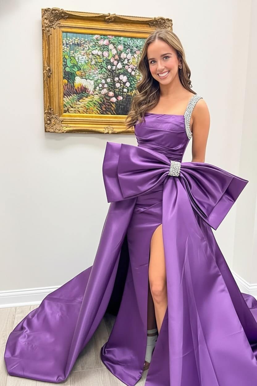 Green Prom Dress Satin Beaded A Line Long Pageant Dress With Bow