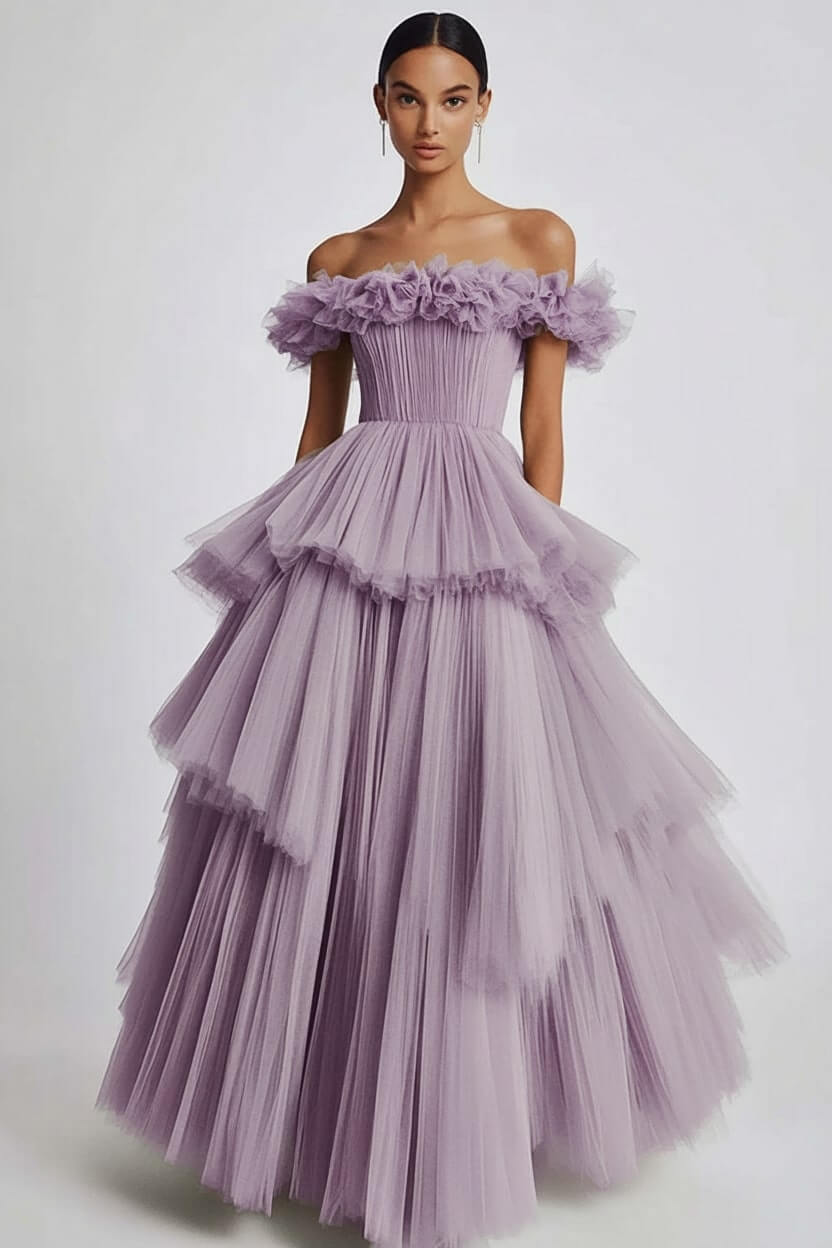 Dusty Sage Prom Dress Tulle Off The Shoulder Ball Gown Formal Dress With Ruffles