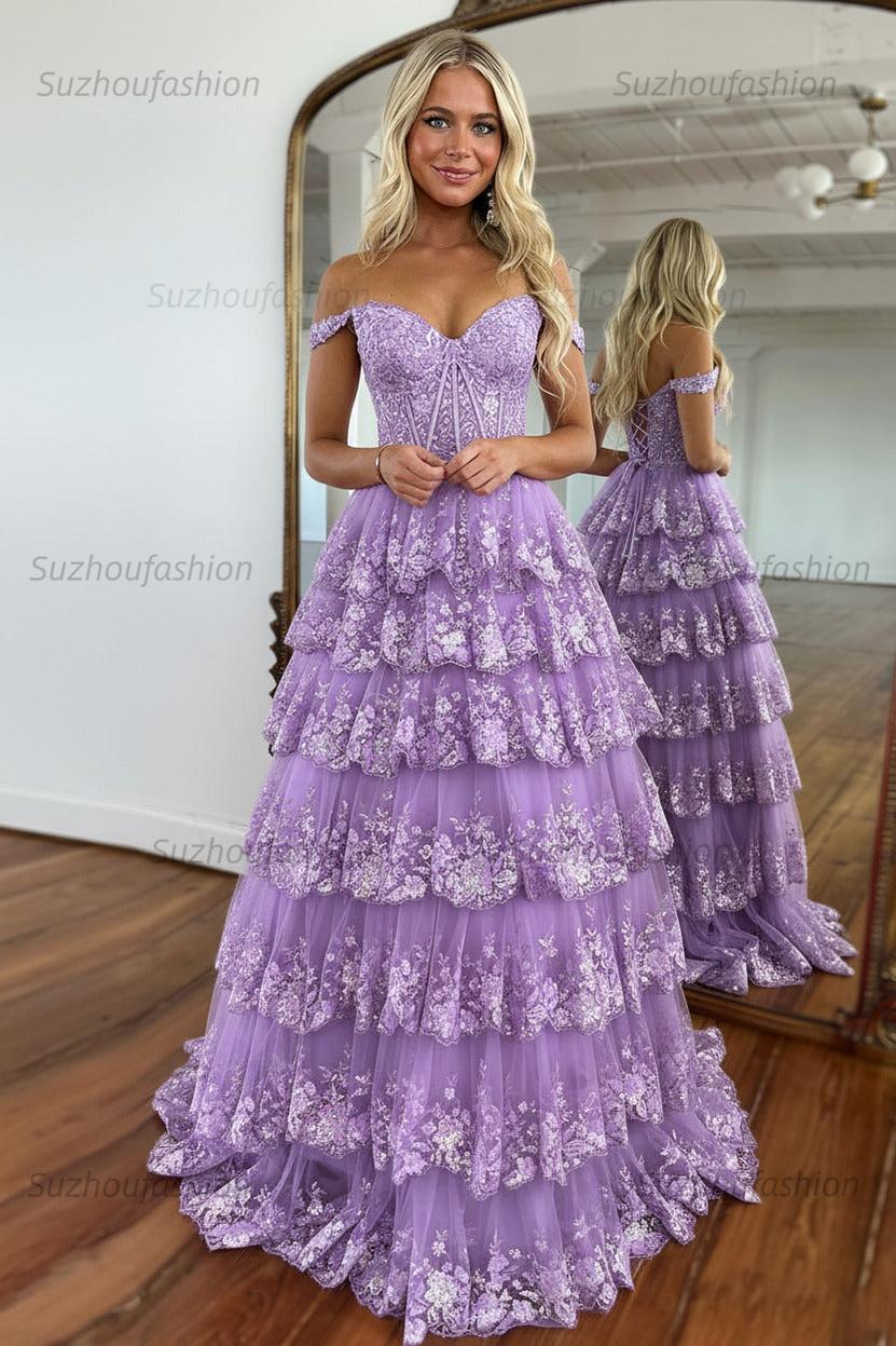 Glitter Hot Pink Corset Off the Shoulder Lace Long Prom Dress