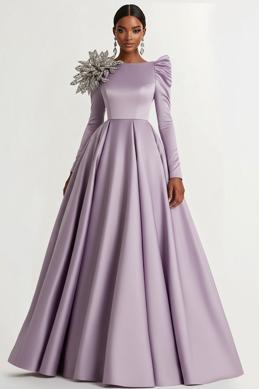 A-Line Long Black Wedding Guest Dress Satin Boat Neck Formal Dress With Long Sleeves