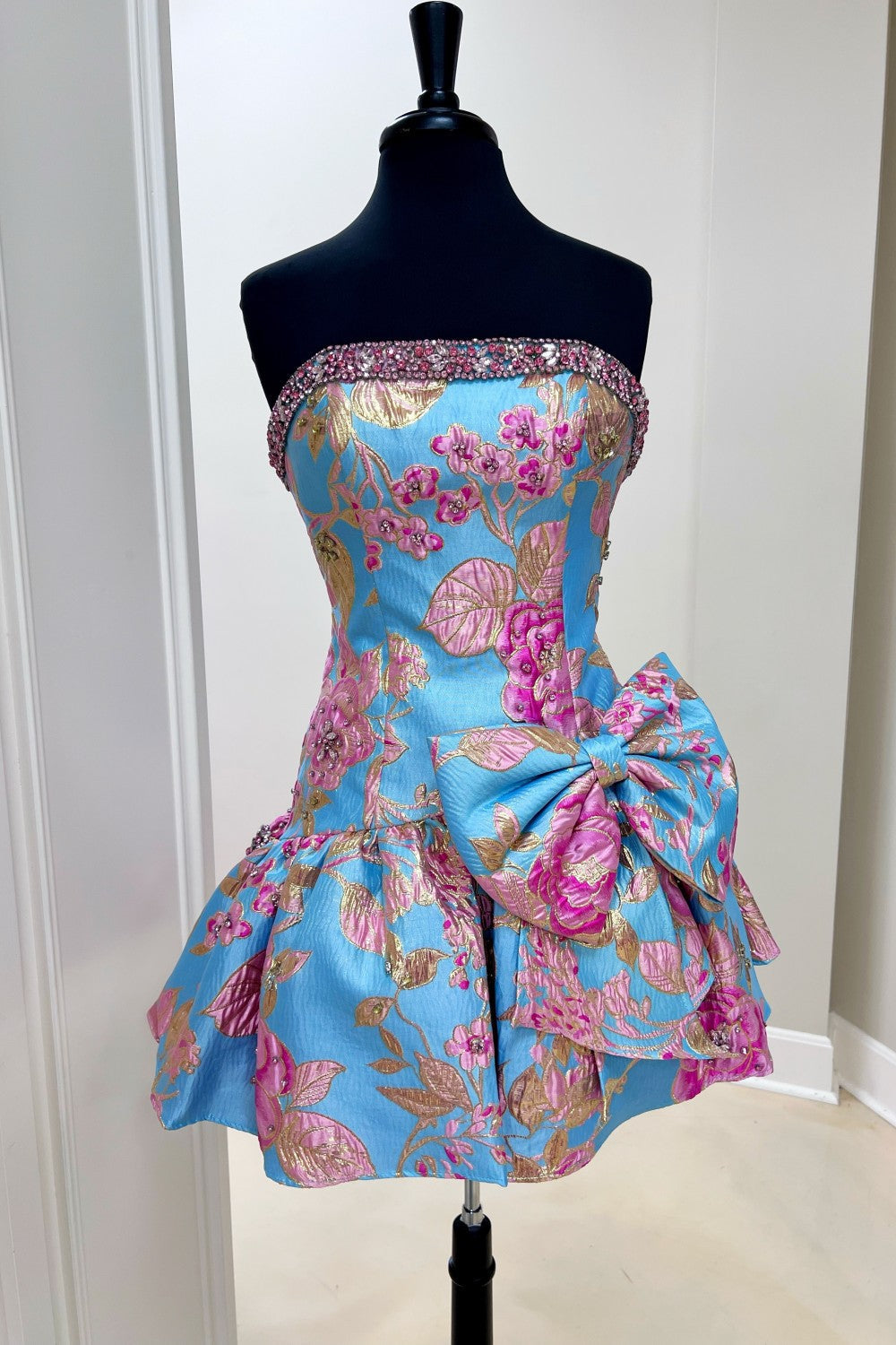 Lavender Blue Floral Brocade Strapless Homecoming Dress with Bow Detail