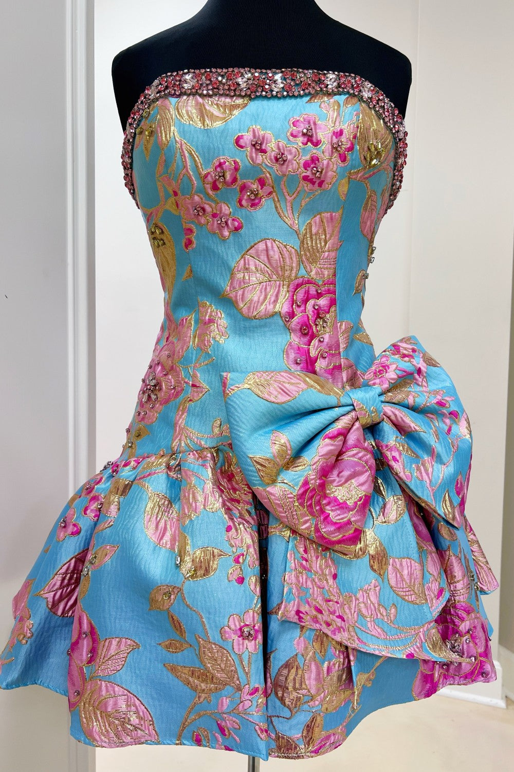 Lavender Blue Floral Brocade Strapless Homecoming Dress with Bow Detail