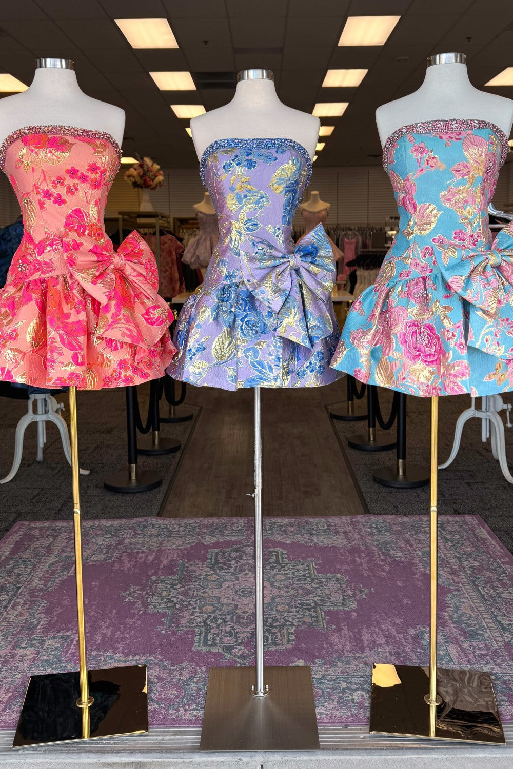 Lavender Blue Floral Brocade Strapless Homecoming Dress with Bow Detail