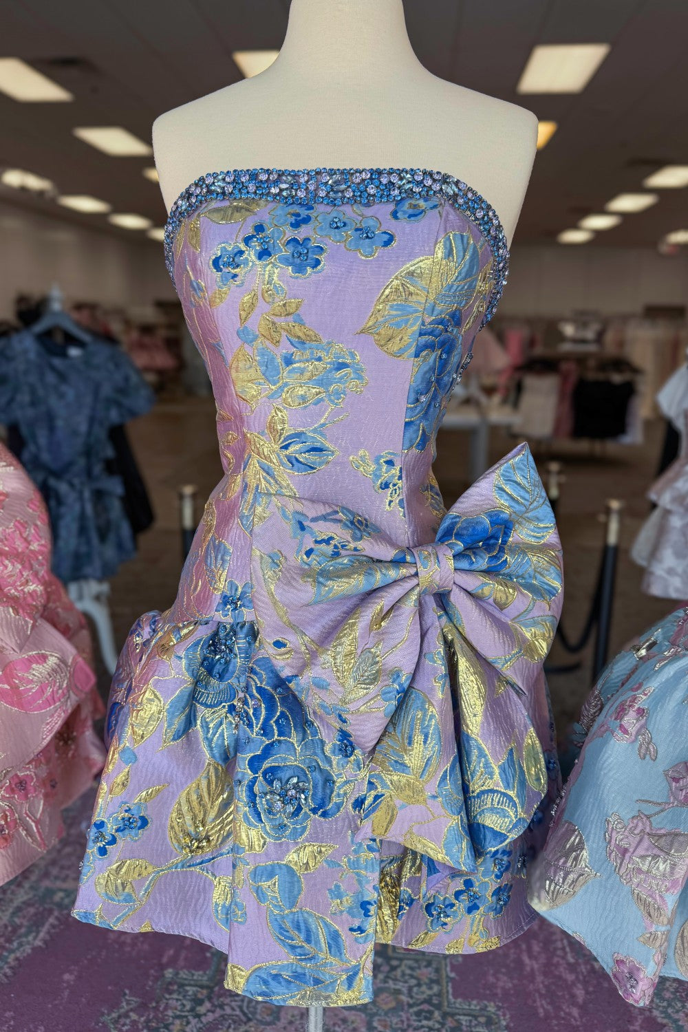 Lavender Blue Floral Brocade Strapless Homecoming Dress with Bow Detail