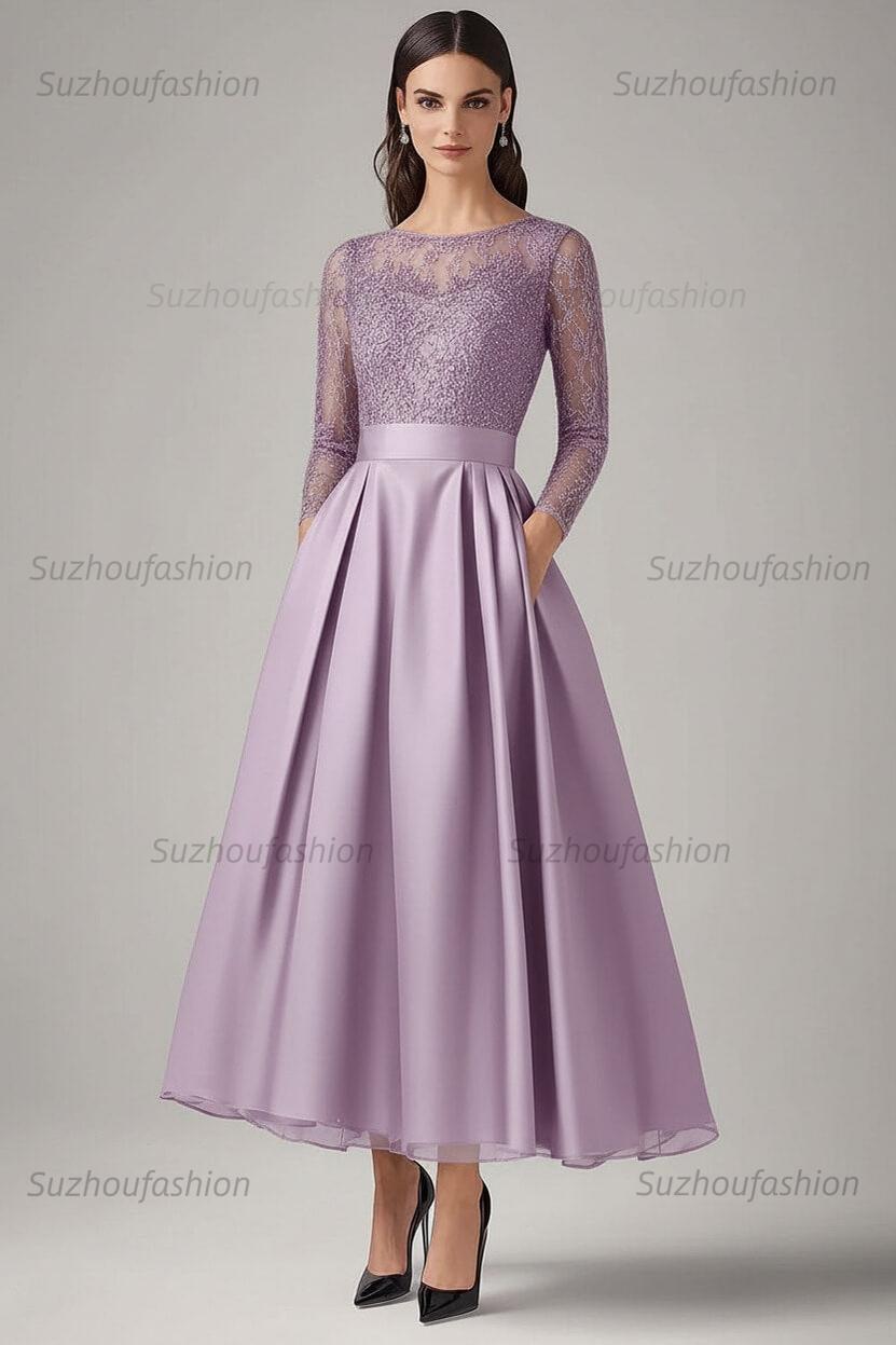 Navy Wedding Guest Dress Beaded A Line Long Sleeves Formal Dress With Lace