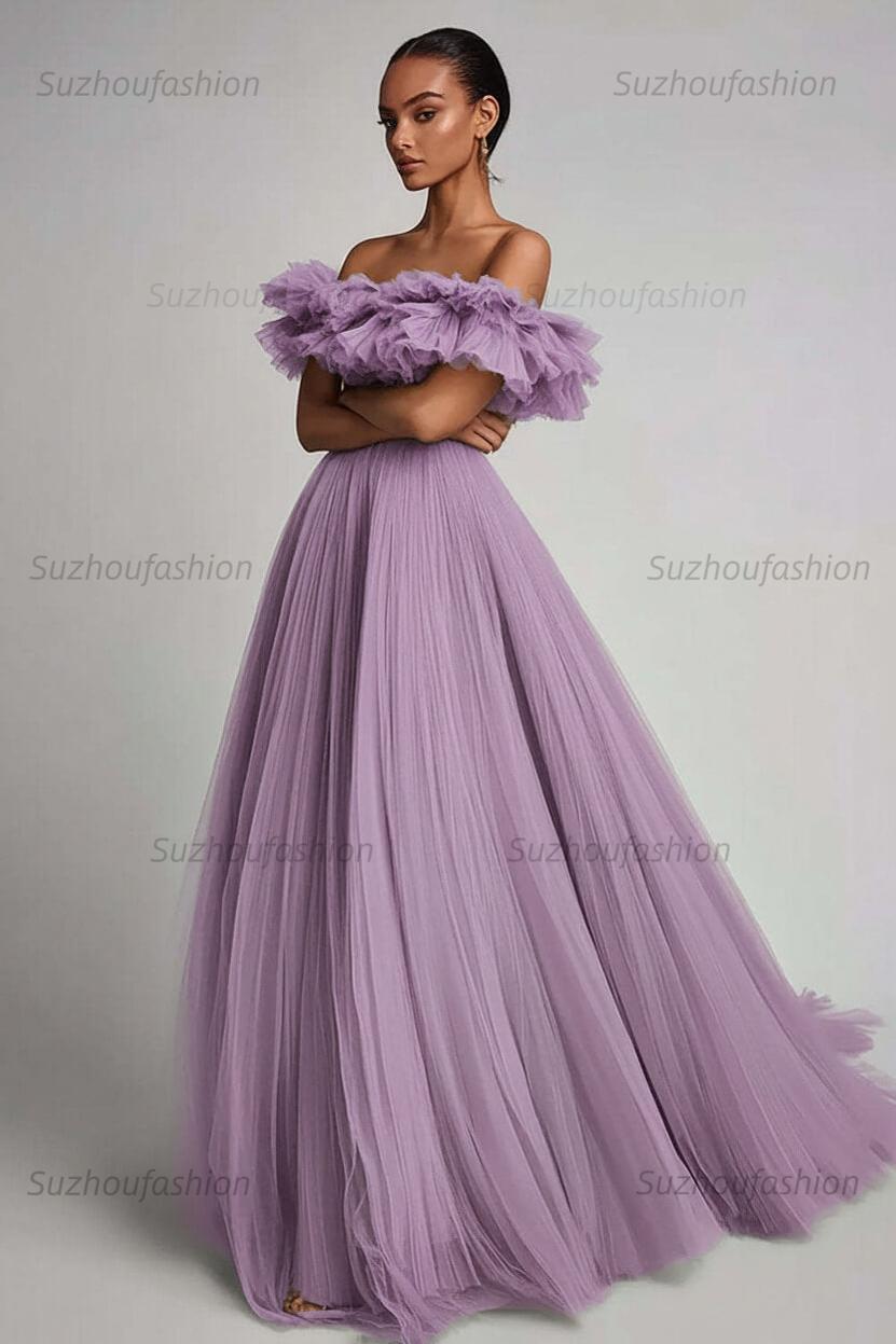 Dusty Sage Prom Dress Tulle A Line Long Formal Dress With Ruffles