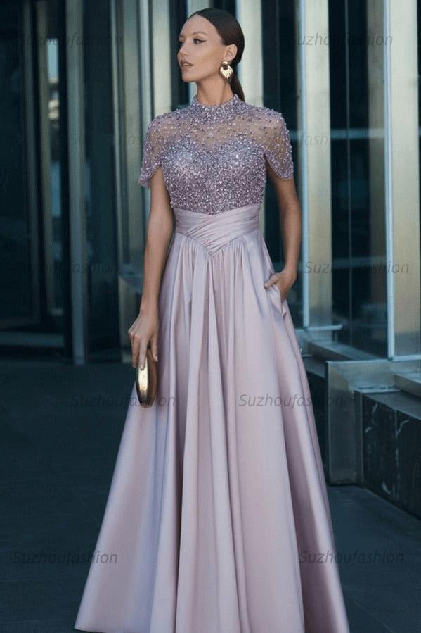 High Neck Short Sleeves Long Evening Formal Dress With Beading Pockets