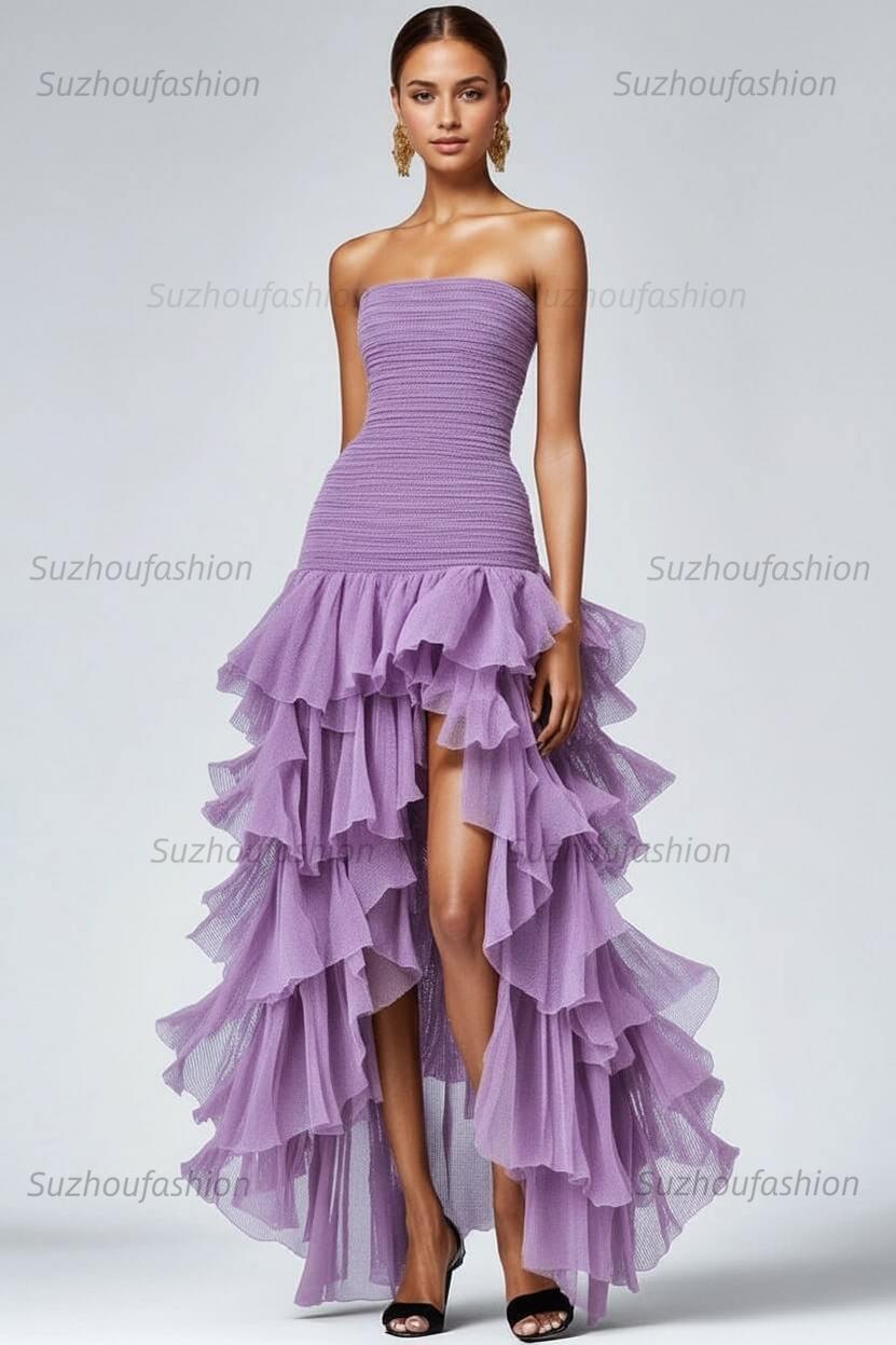 Black Wedding Guest Dress Strapless Tulle Long Ruffled Formal Dress With Slit