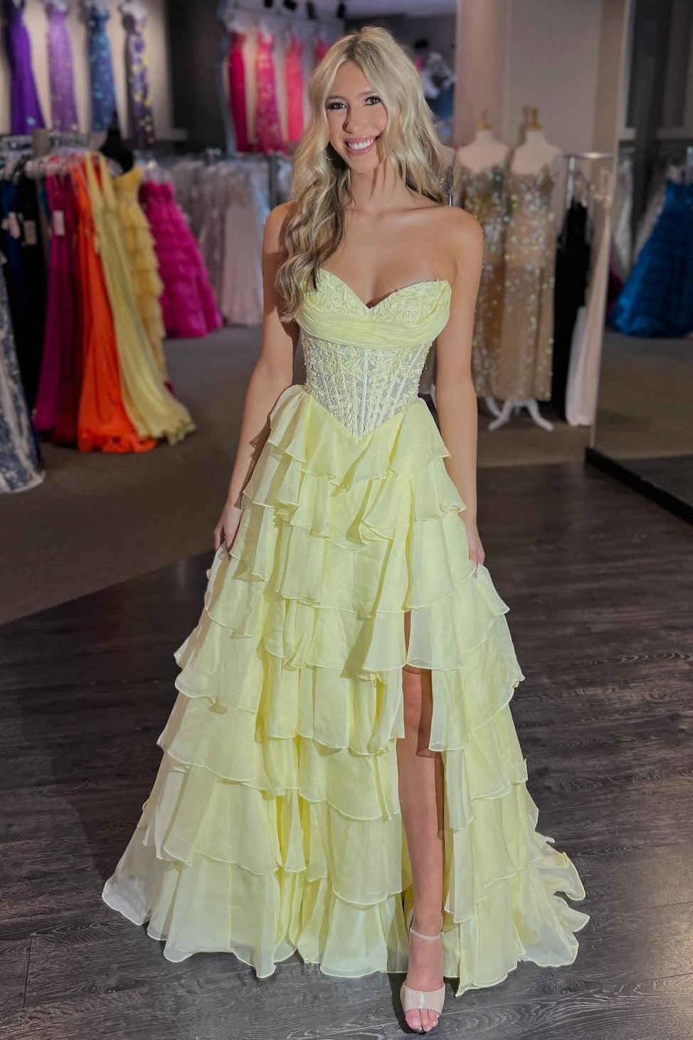 Suzhoufashion Layered Ruffle A-Line Prom Dress With Embellished Lace Bodice And Leg Slit Formal Evening Gown