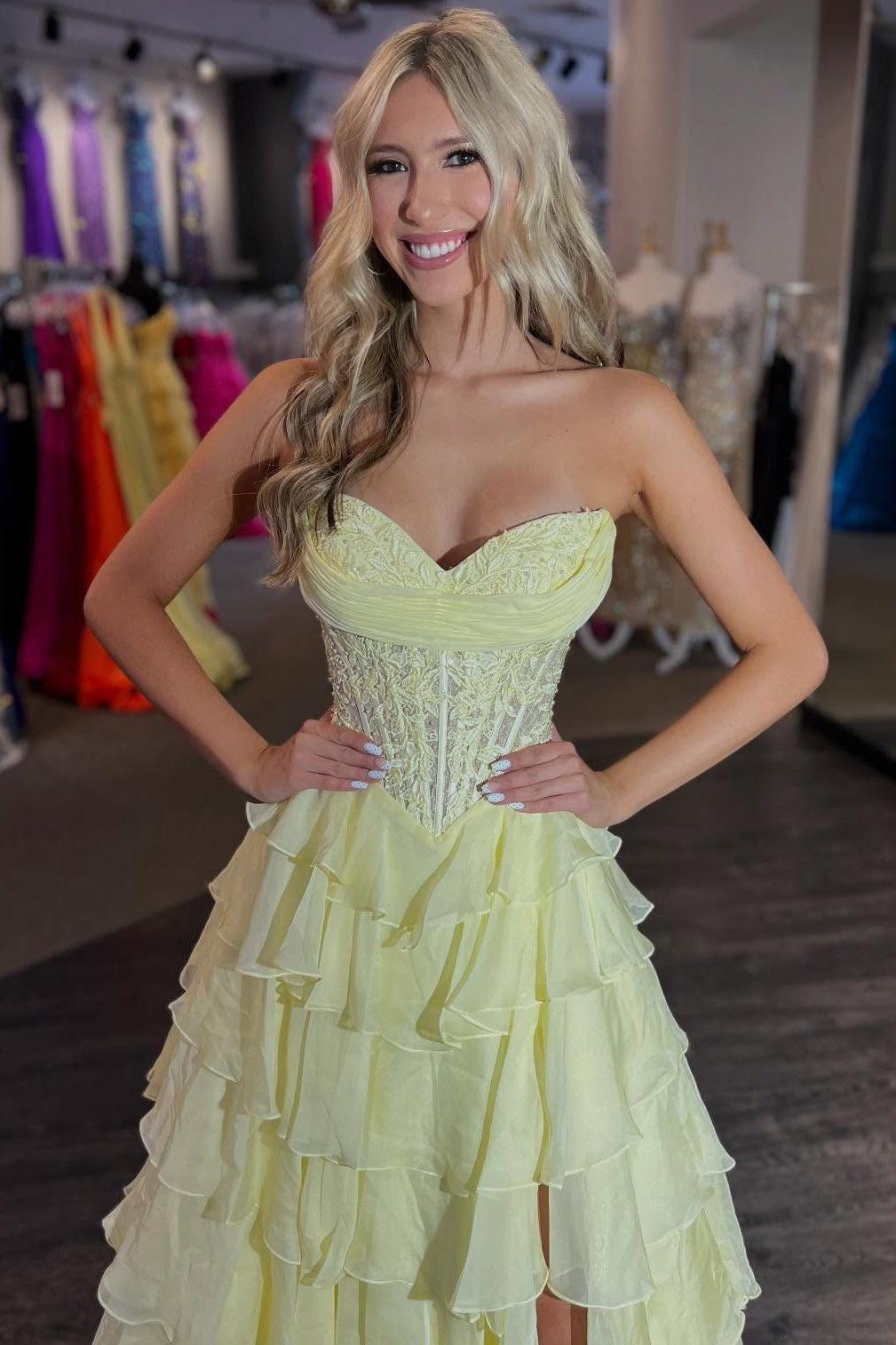 Suzhoufashion Layered Ruffle A-Line Prom Dress With Embellished Lace Bodice And Leg Slit Formal Evening Gown