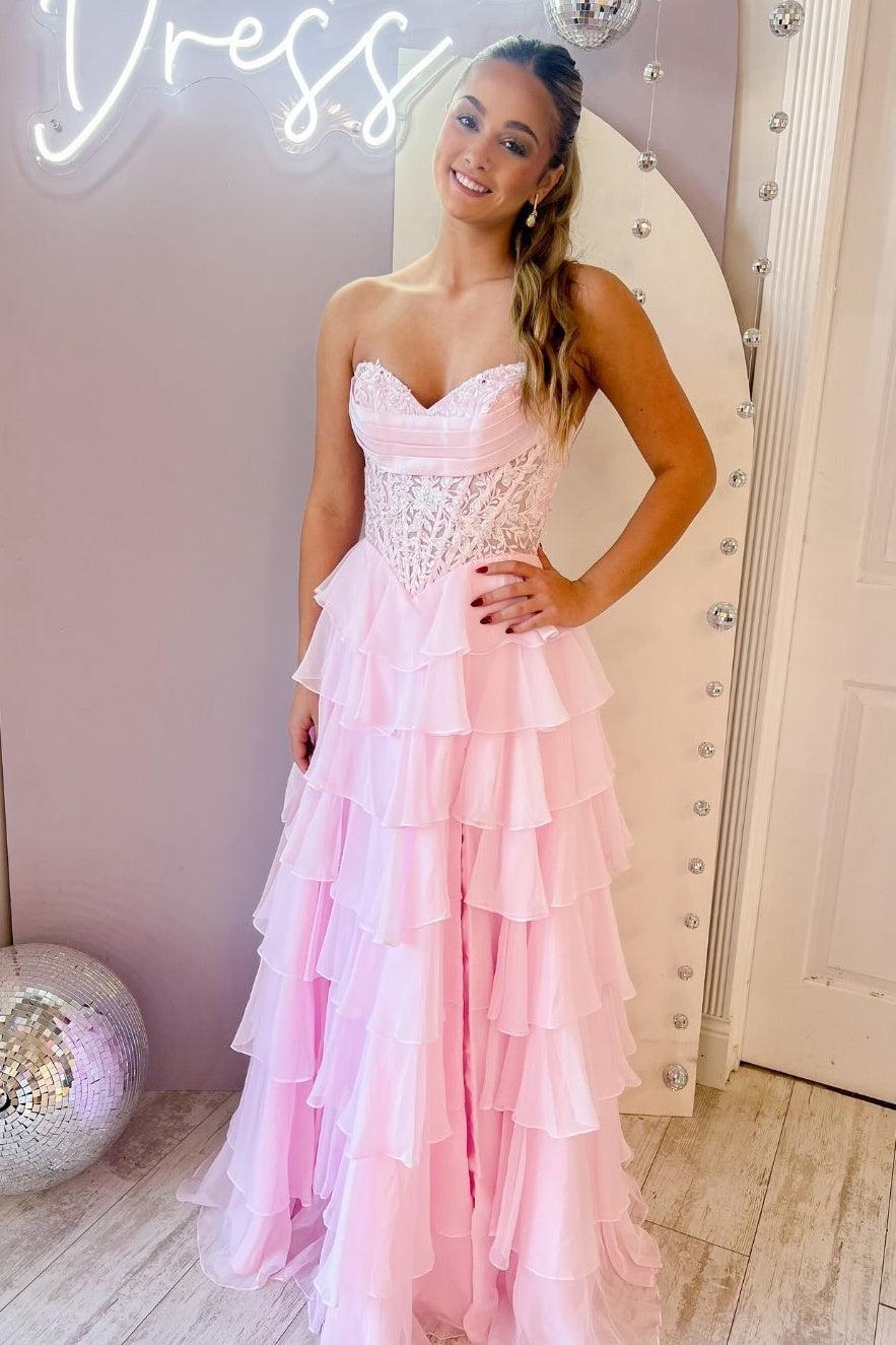 Suzhoufashion Layered Ruffle A-Line Prom Dress With Embellished Lace Bodice And Leg Slit Formal Evening Gown