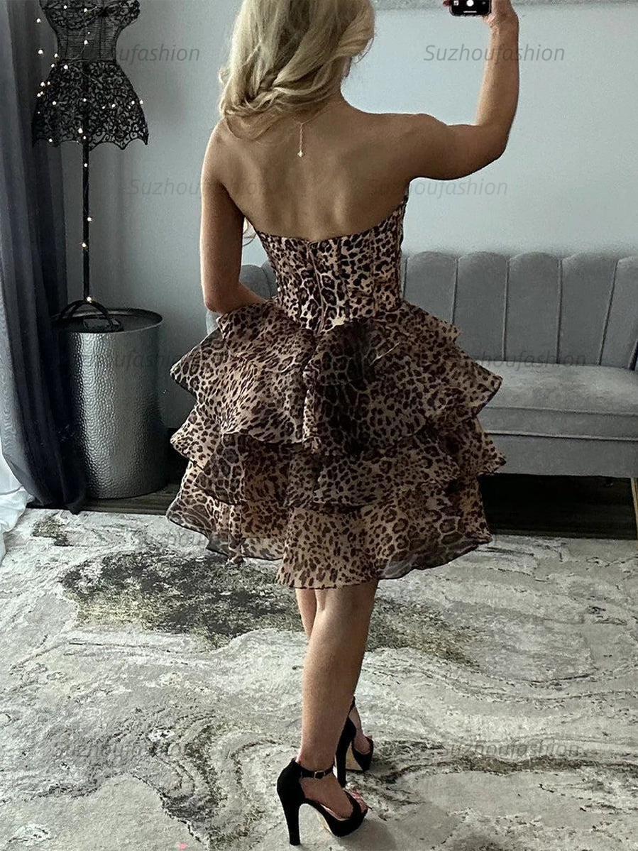 Suzhoufashion Leopard Print Corset A Line Short Floral Homecoming Dress with Beading