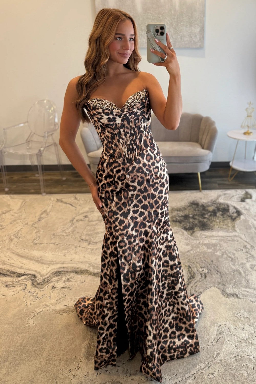 Stunning Mermaid Sweetheart Brown Leopard Printed Corset Prom Dress with Beading - View 3 | VelvetHem