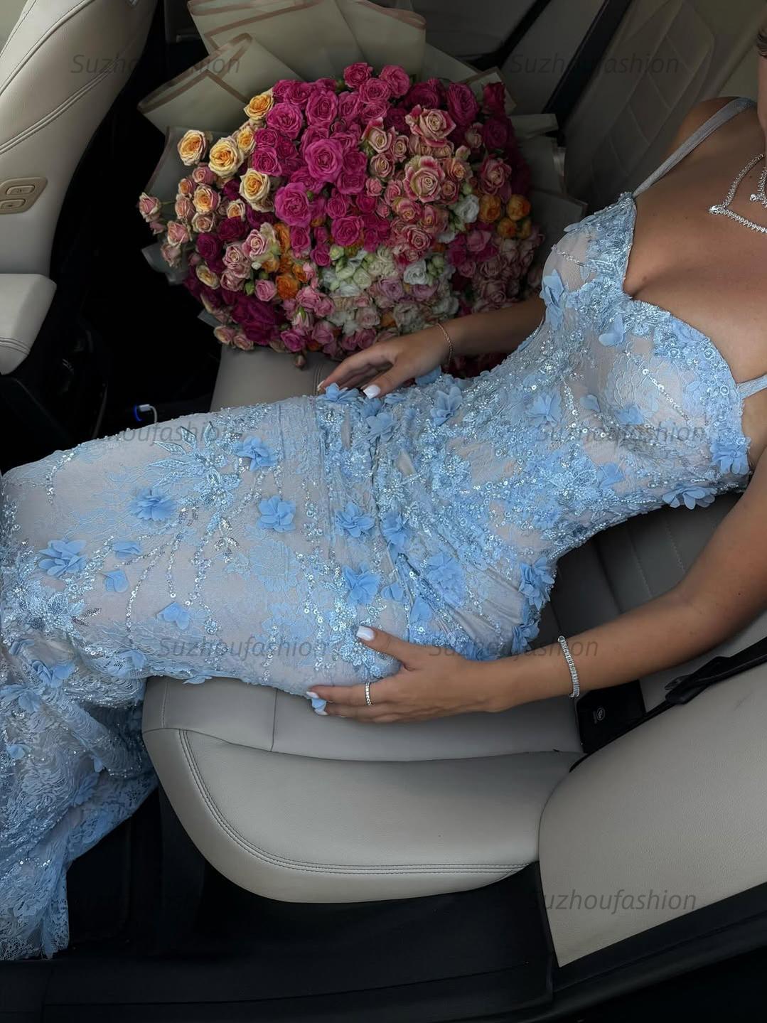 Suzhoufashion Light Blue 3D Floral Lace Beaded Mermaid Prom Dress With Illusion Corset Bodice Formal Evening Gown